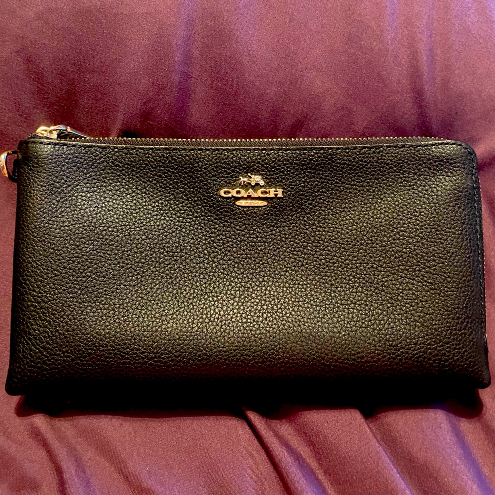 Coach large black wallet, two zipper pockets.